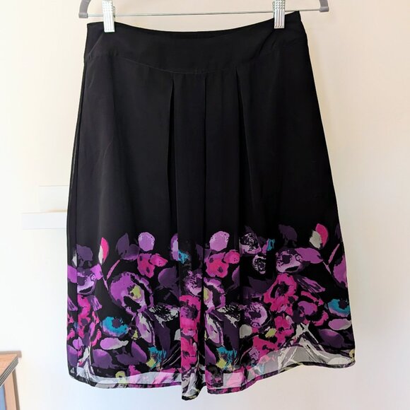 Women's Chiffon Lined Woven Black Pink Floral A-Line Skirt Sz 8 Medium EUC - Picture 1 of 8